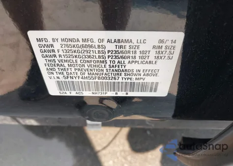 2015 Honda Pilot Ex-L from USA, damaged, VIN 5FNYF4H55FB003267